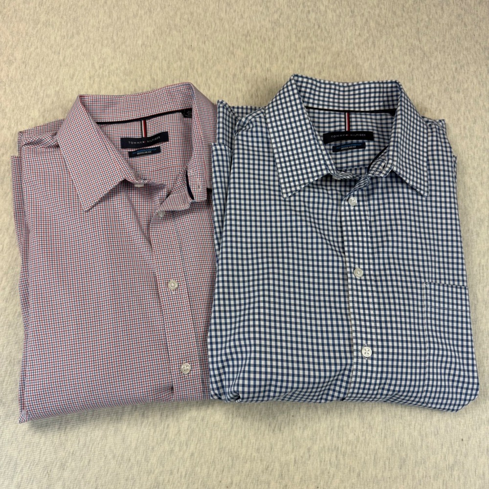 Lot of 2 Tommy Hilfiger Mens Regular Fit Stretch Button Up Shirts XL 17-17.5